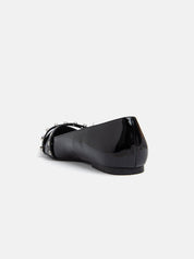 Patent leather flat ballerina with pointed toe and double studded strap - BLACK