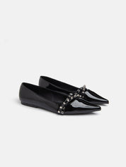 Patent leather flat ballerina with pointed toe and double studded strap - BLACK