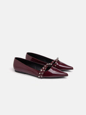 Patent leather flat ballerina with pointed toe and double studded strap - BORDEAUX