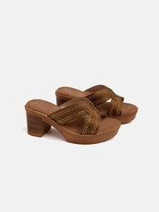 Wooden clog with rhinestone band - CAMEL