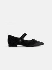 Pointed Toe Velvet Ballerina with Strap - BLACK