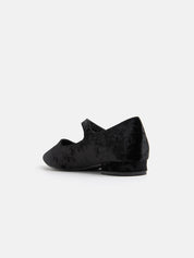 Pointed Toe Velvet Ballerina with Strap - BLACK