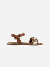 Sandal with buckle and chrome trim - BROWN