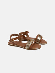 Sandal with buckle and chrome trim - BROWN