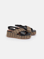 Sandal with crossed straw band and strap - BLACK