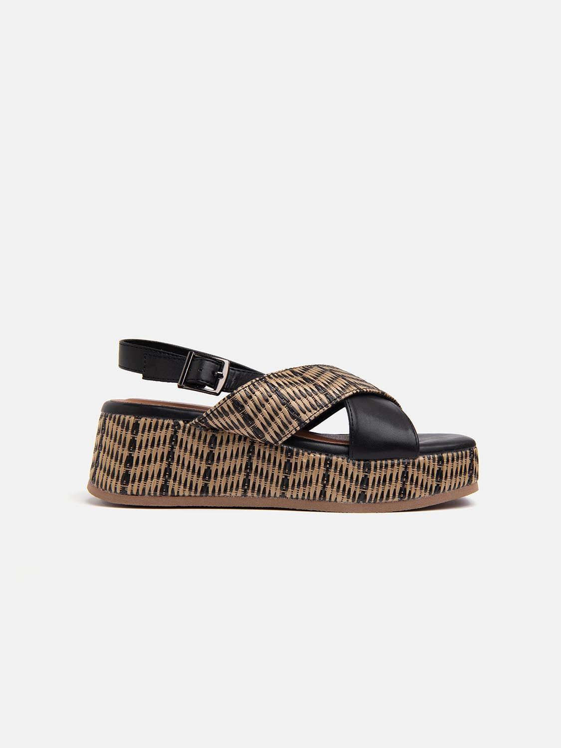 Sandal with crossed straw band and strap - BLACK