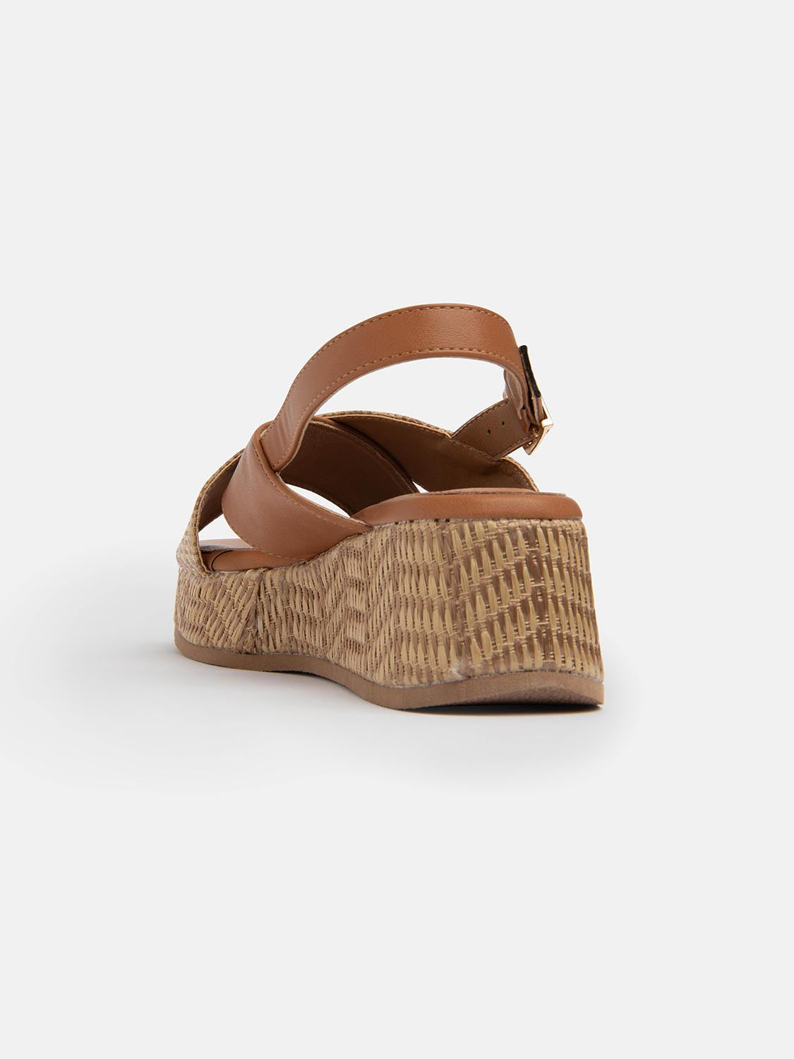 Sandal with crossed straw band and strap - CAMEL