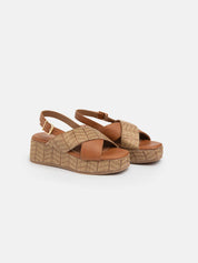 Sandal with crossed straw band and strap - CAMEL