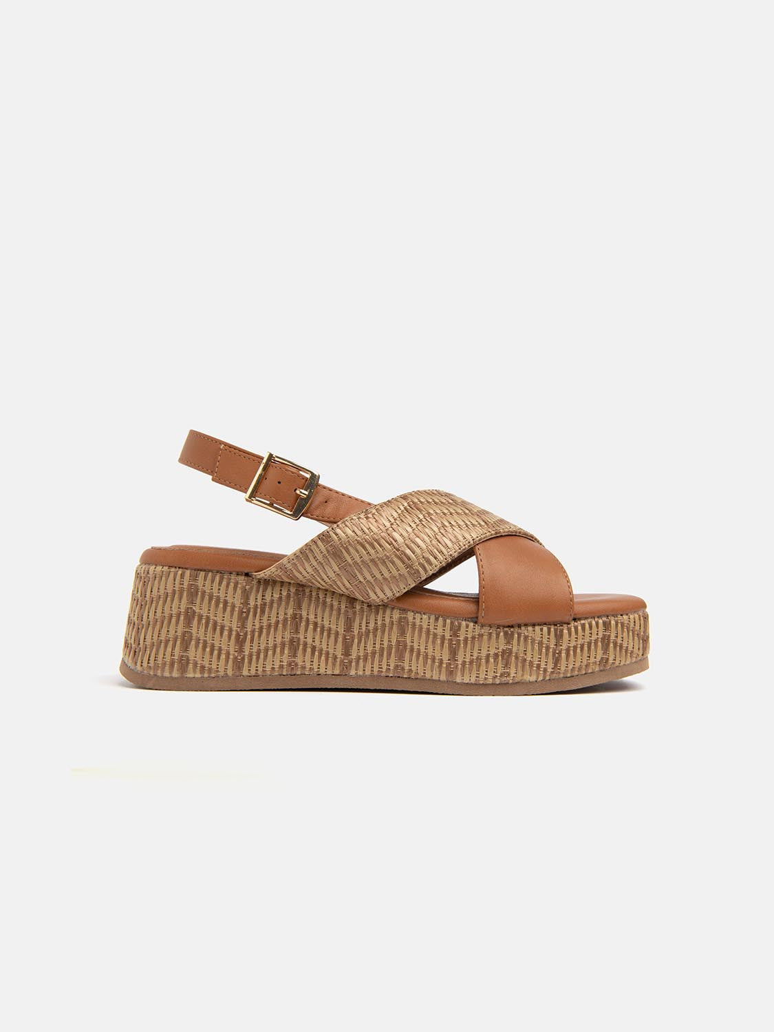 Sandal with crossed straw band and strap - CAMEL