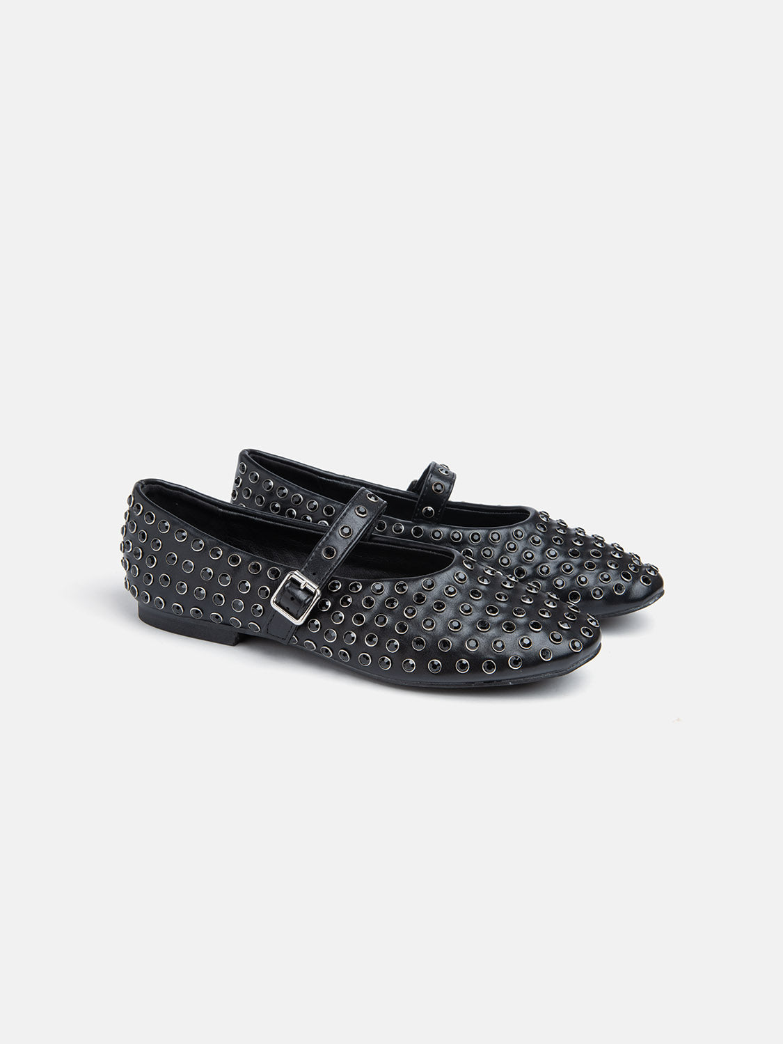 Ballerina con cinturino e borchie in strass - NERO