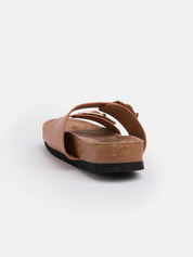 Slipper with double band and gold buckle - CAMEL