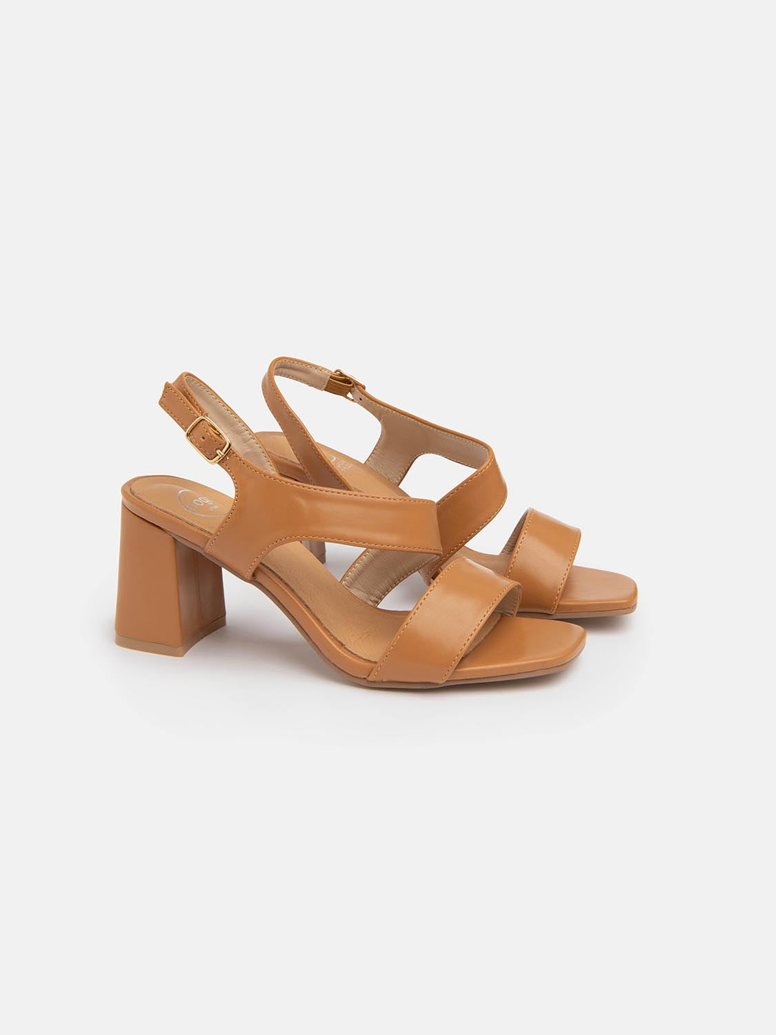 Sandal with bias bands and wide heel - CAMEL