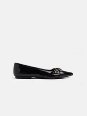 Slim-line pointed toe ballerina with gold detail strap - BLACK