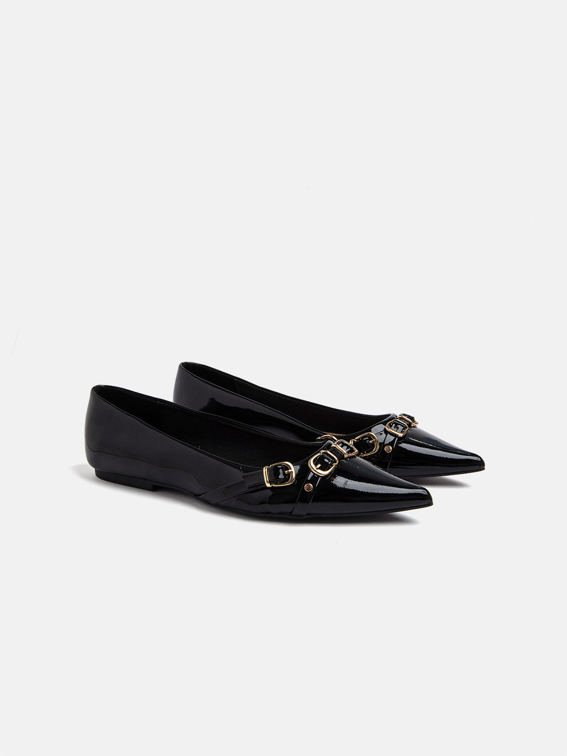 Slim-line pointed toe ballerina with gold detail strap - BLACK