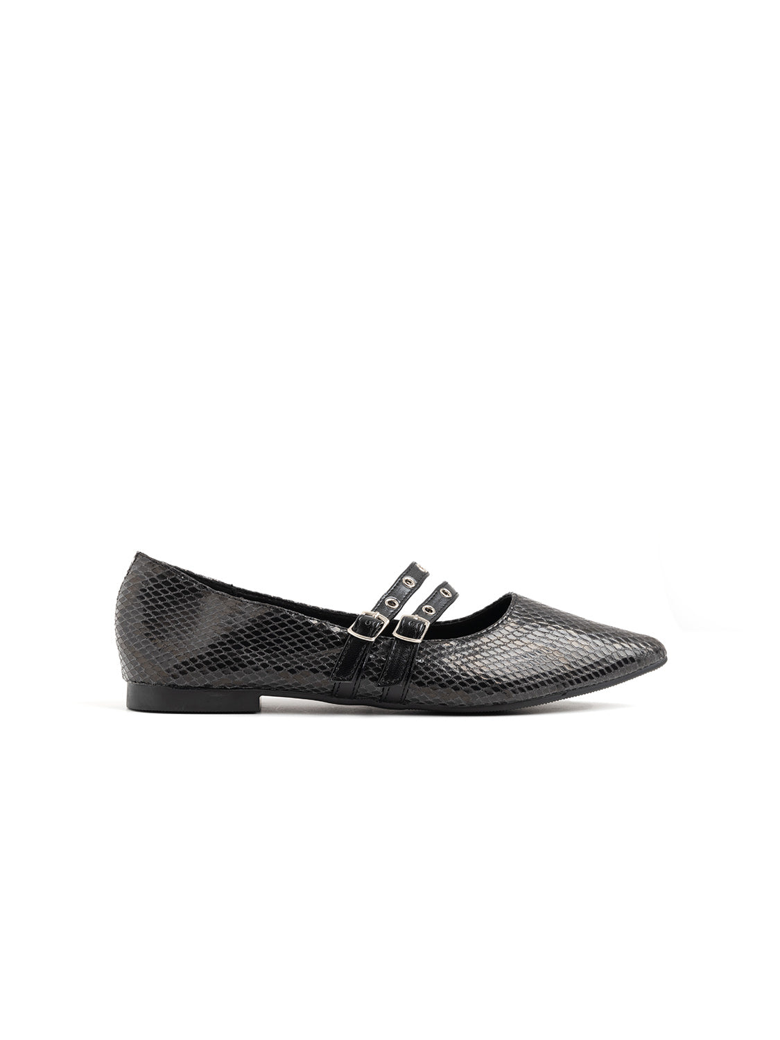 Pointed Toe Ballerina with Double Buckle - BLACK
