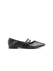 Pointed Toe Ballerina with Double Buckle - BLACK