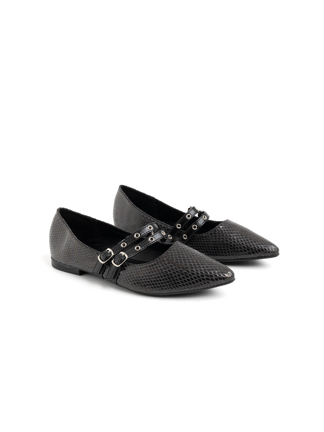 Pointed Toe Ballerina with Double Buckle - BLACK
