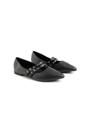 Pointed Toe Ballerina with Double Buckle - BLACK