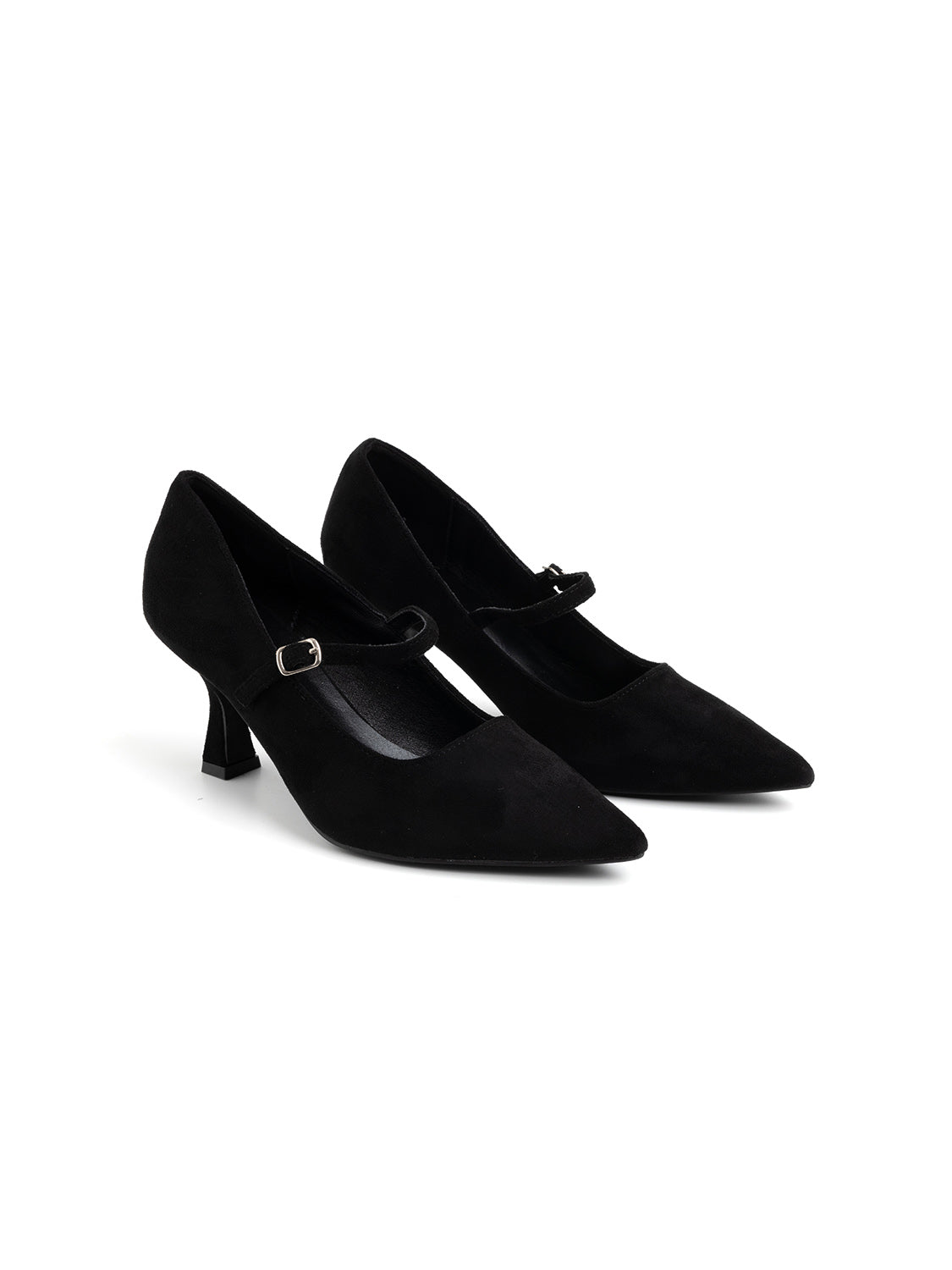 Pointed-toe velvet pumps with strap - BLACK