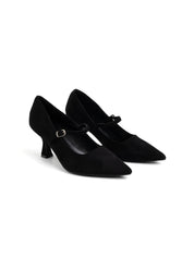 Pointed-toe velvet pumps with strap - BLACK