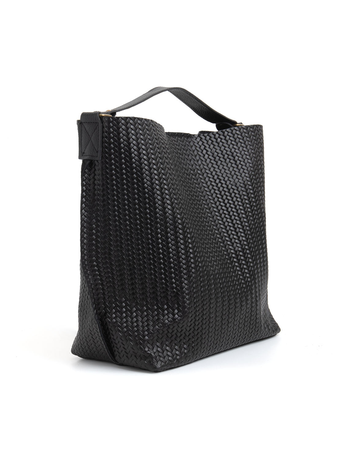 Borsa shopper in vera pelle con dettaglio intrecciato - NERO