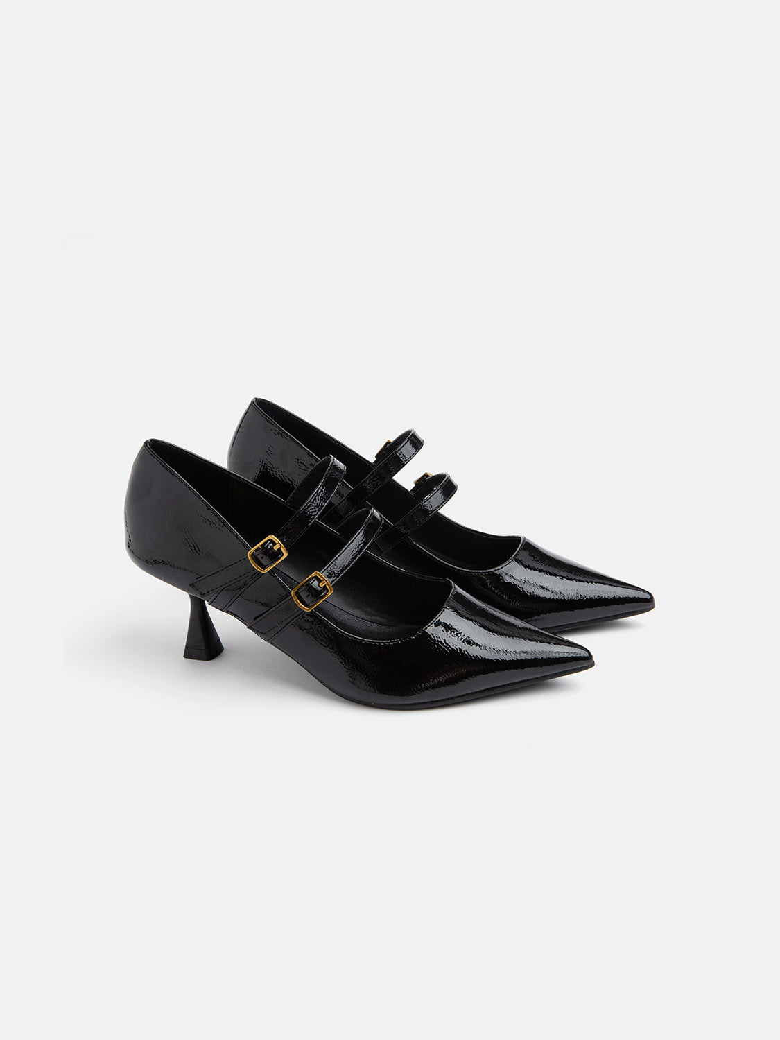 Patent leather pointed toe pump with two straps - BLACK