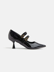 Patent leather pointed toe pump with two straps - BLACK