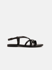 Flat sandal in genuine leather with crossed straps - BLACK