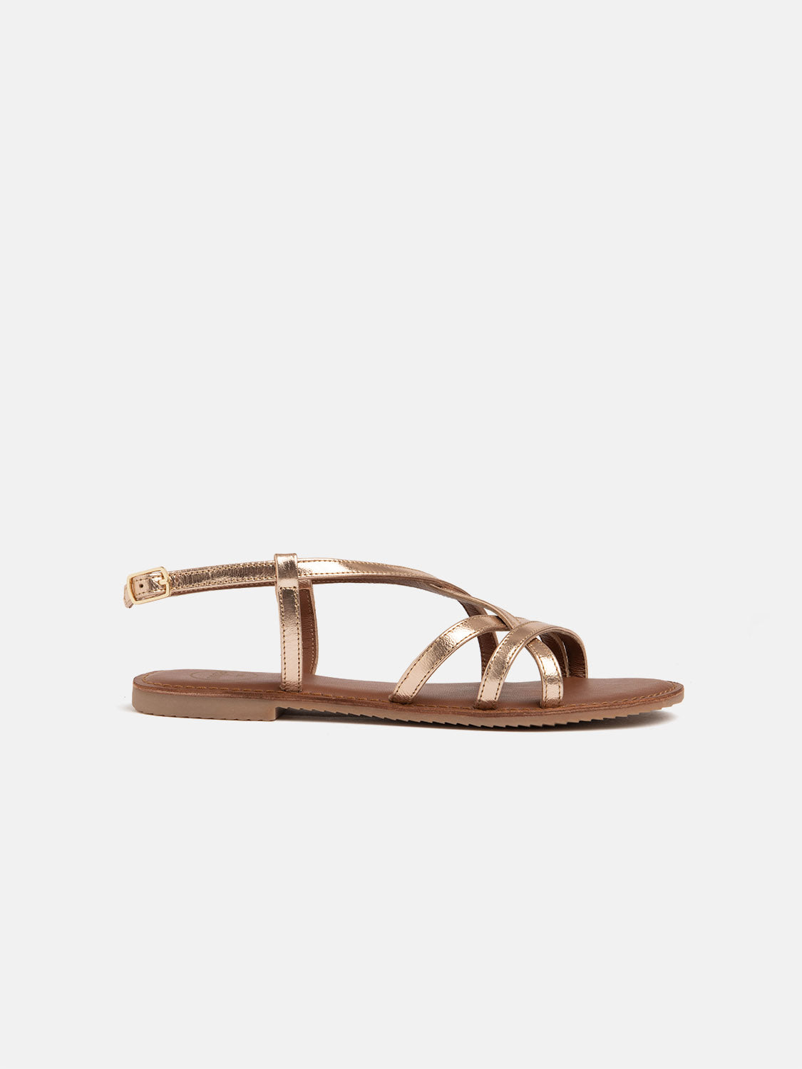 Flat sandal in genuine leather with crossed straps - GOLD