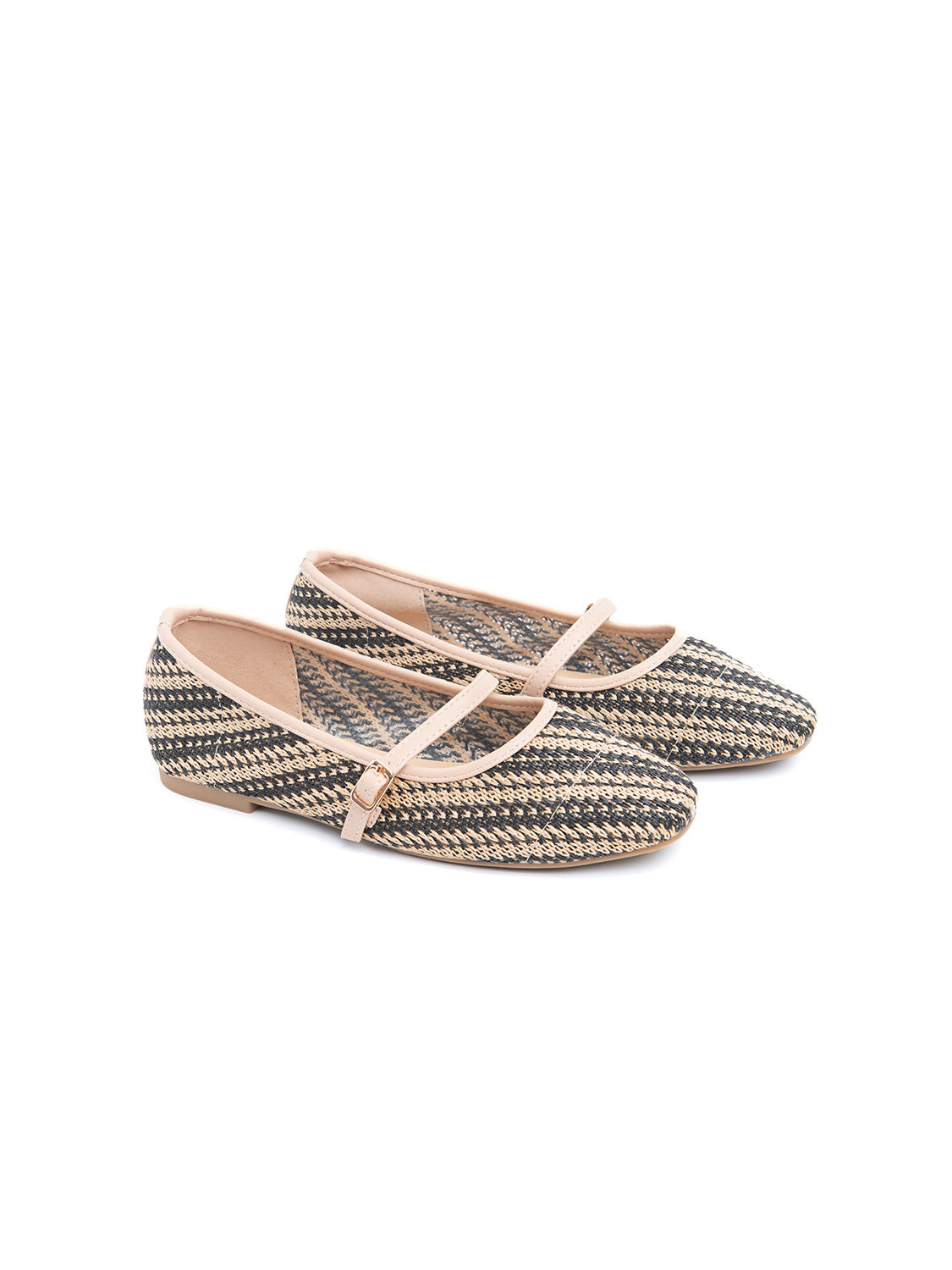 Raffia-like Ballerina with Strap - BLACK/BEIGE