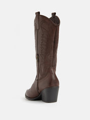 Texan boot with high shaft and embroidery - BROWN