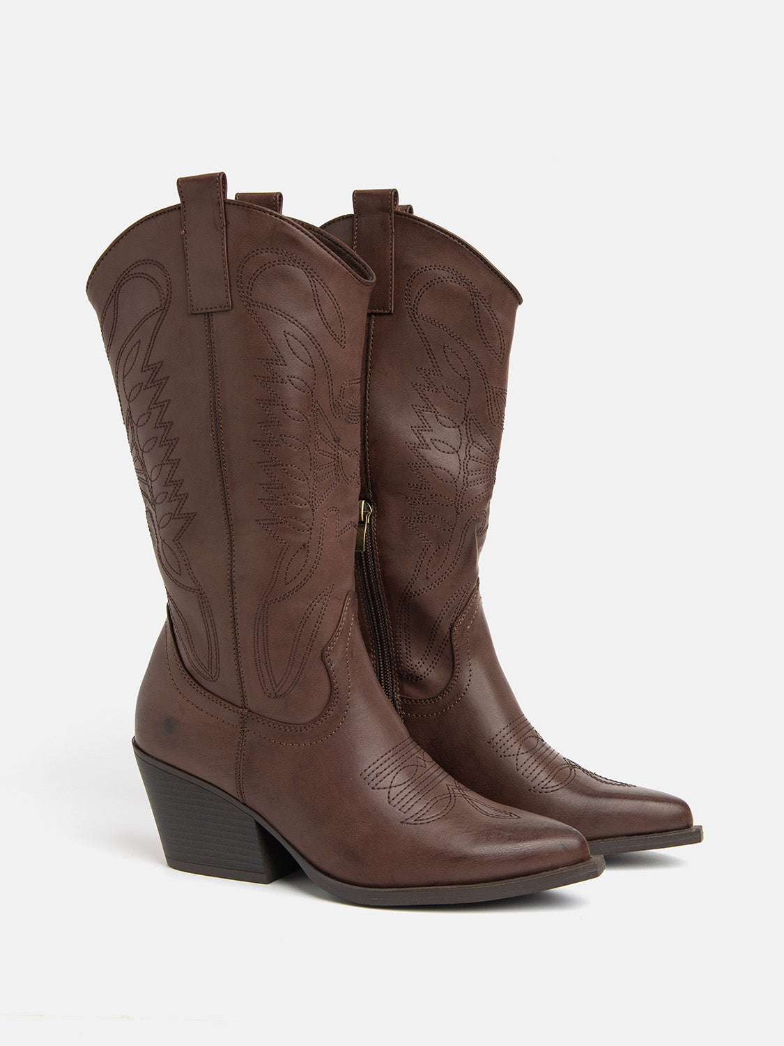 Texan boot with high shaft and embroidery - BROWN