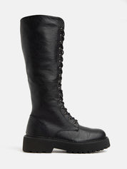 Lace-up boot with round toe and tank sole - BLACK