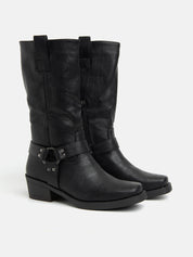 Country Boot with Side Cross Buckle - BLACK 