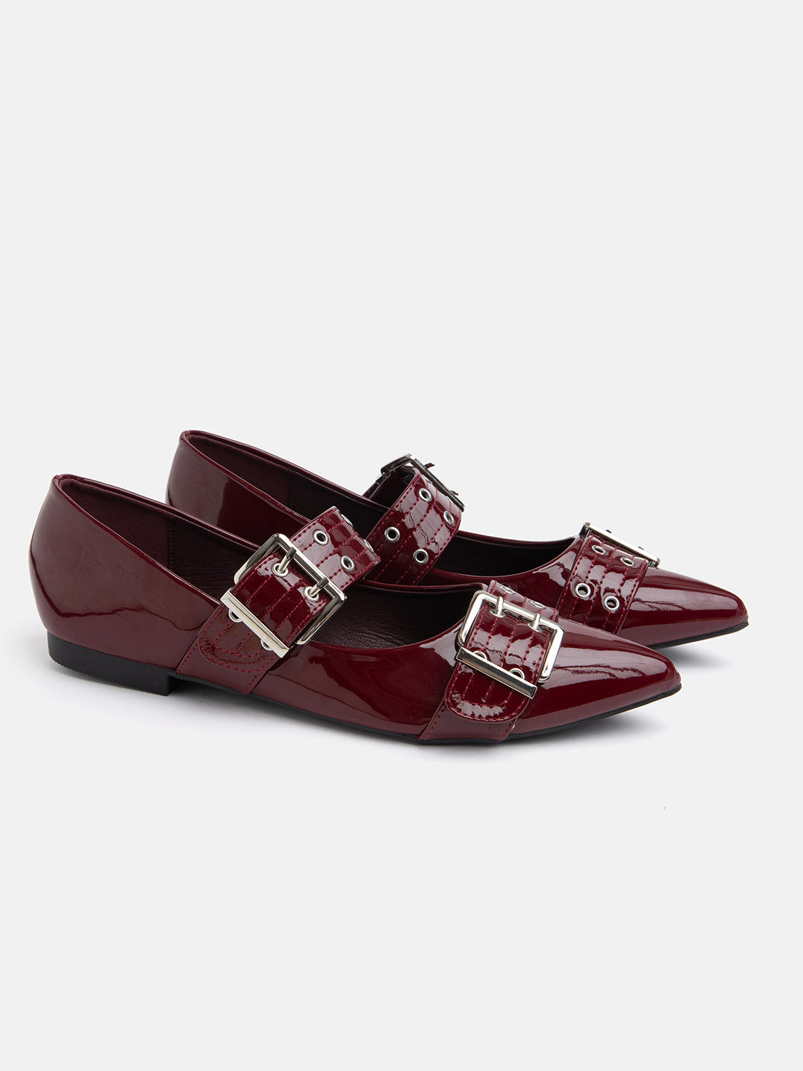 Patent leather flat ballerina with double buckle - BORDEAUX