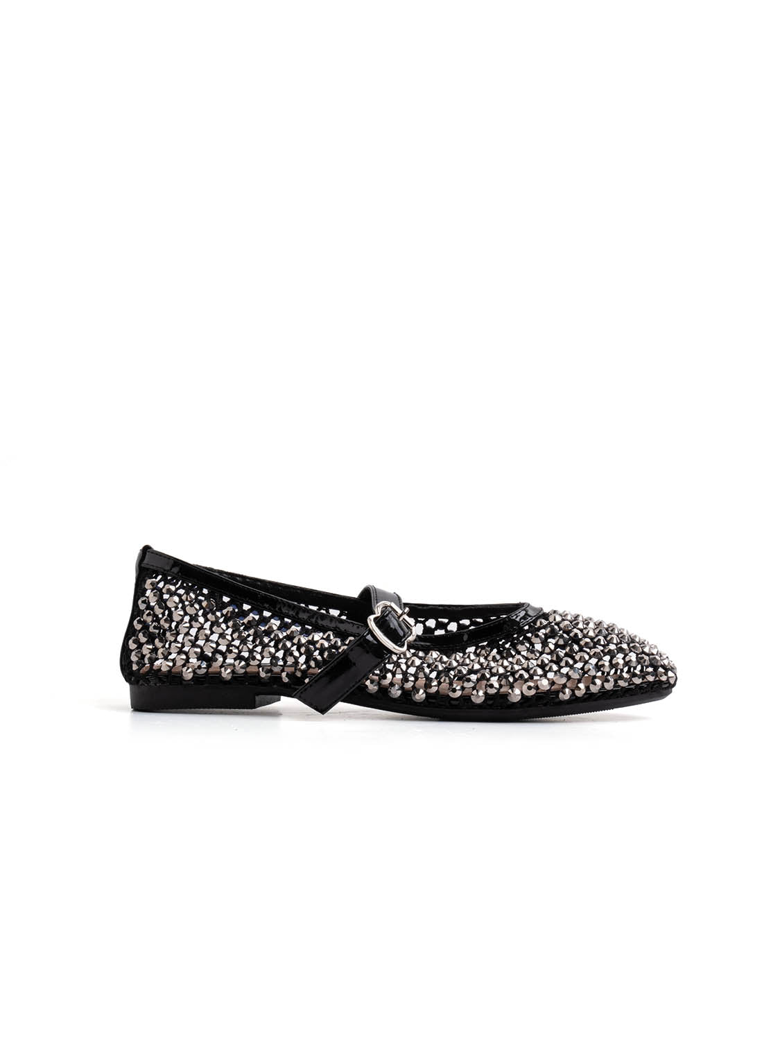 Ballerina trasparente con strass e cinturino - NERO