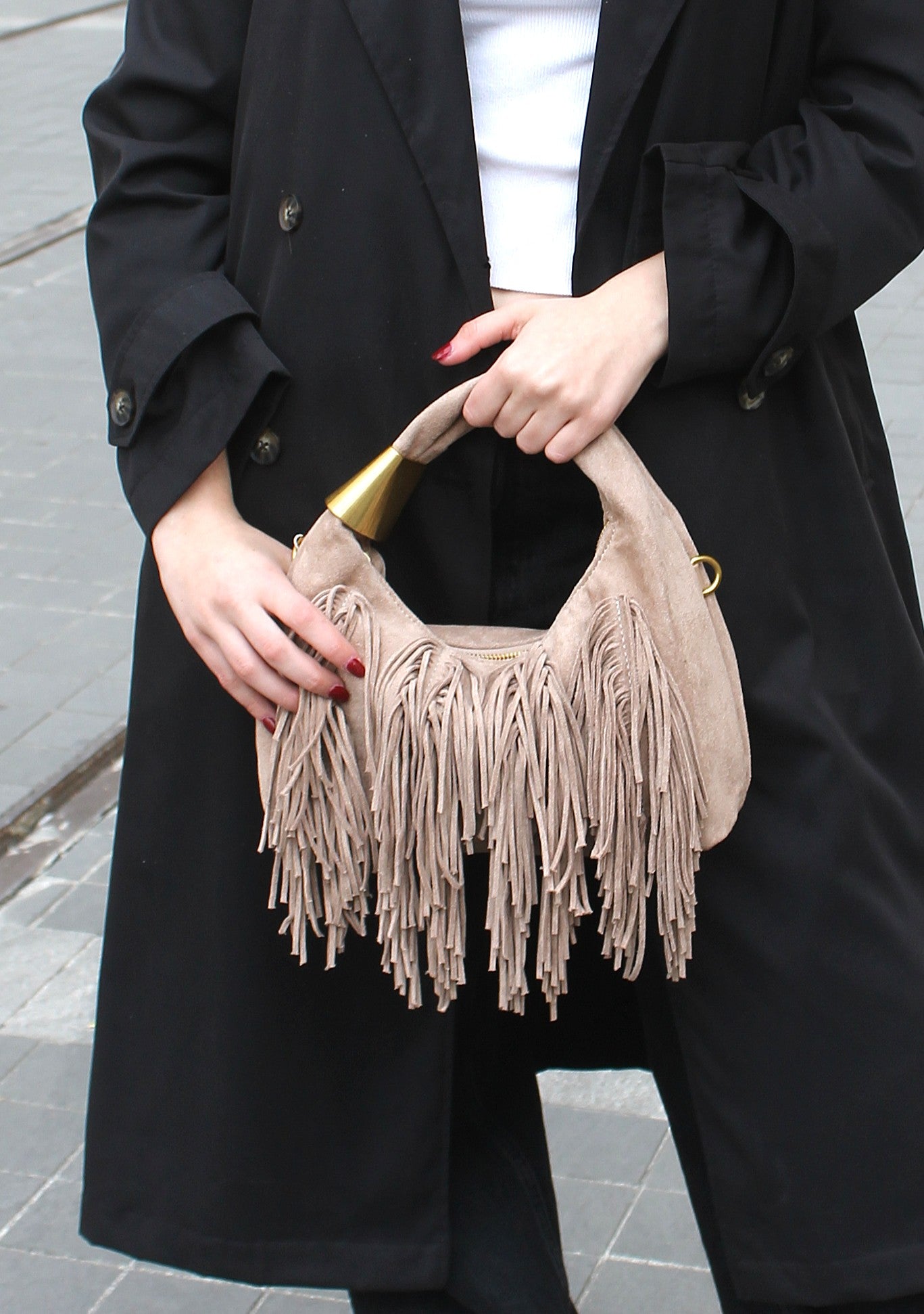 Borsa a spalla con frange - SABBIA