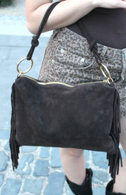 Borsa boho in vera pelle con frange - MARRONE