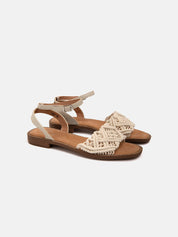 Sandal with strap and band with fabric pattern - BEIGE