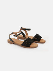 Sandal with strap and band with fabric pattern - BLACK