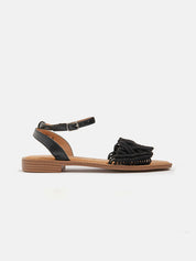 Sandal with strap and band with fabric pattern - BLACK