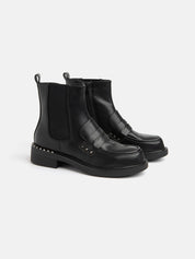 Ankle boot with elastic, penny band and stud detail - BLACK