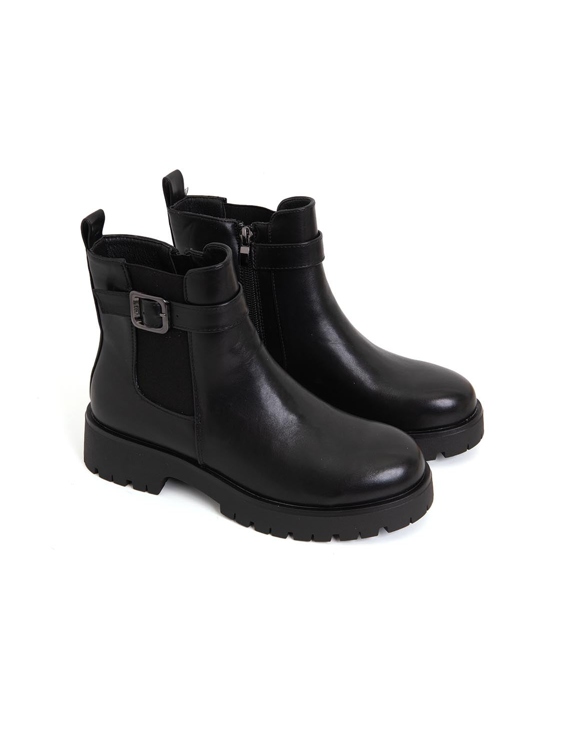 Stivaletto biker con fibbia in vera pelle - NERO