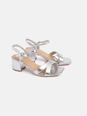 Sandal with crossed straps and wide heel - SILVER