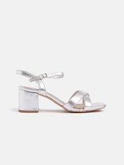 Sandal with crossed straps and wide heel - SILVER