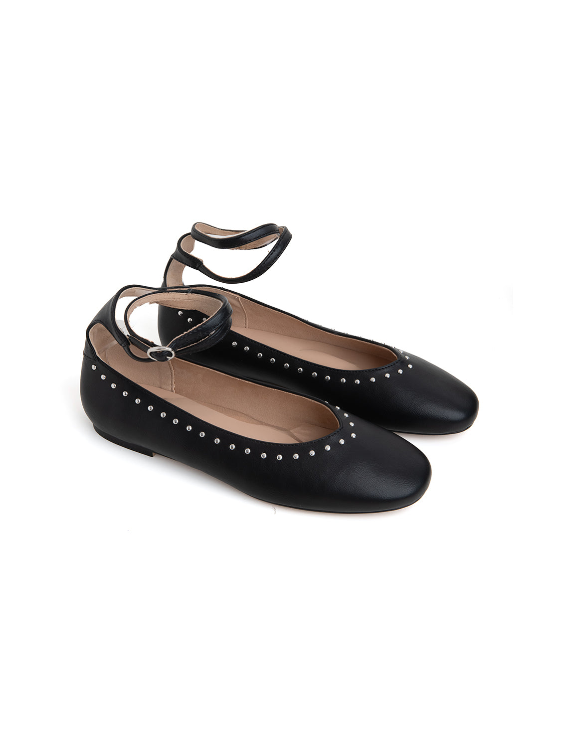 Ballerina con cinturino alla caviglia e microborchie - NERO