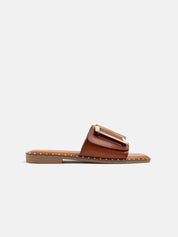 Slipper with edged sole and gold buckle - CAMEL