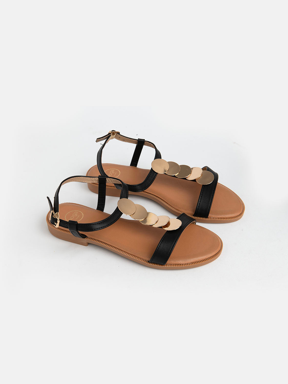 Sandal with gold plates and slim strap - BLACK