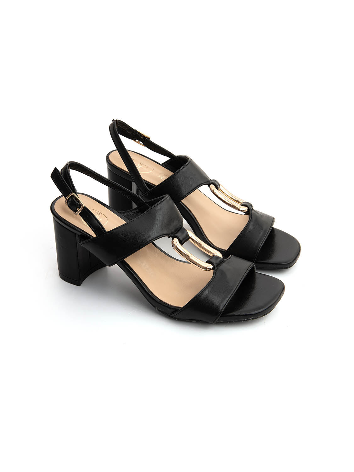 Sandalo gold buckle con tacco quadrato - NERO