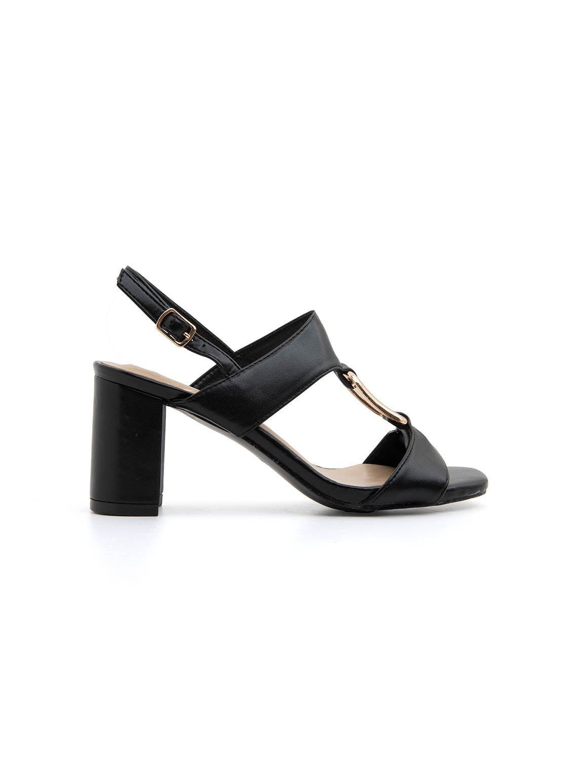 Sandalo gold buckle con tacco quadrato - NERO